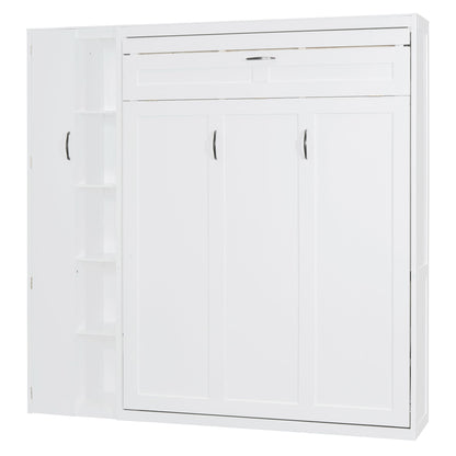 Full Size Murphy Wall Bed With Shelves, Wardrobe And LED Lights - White