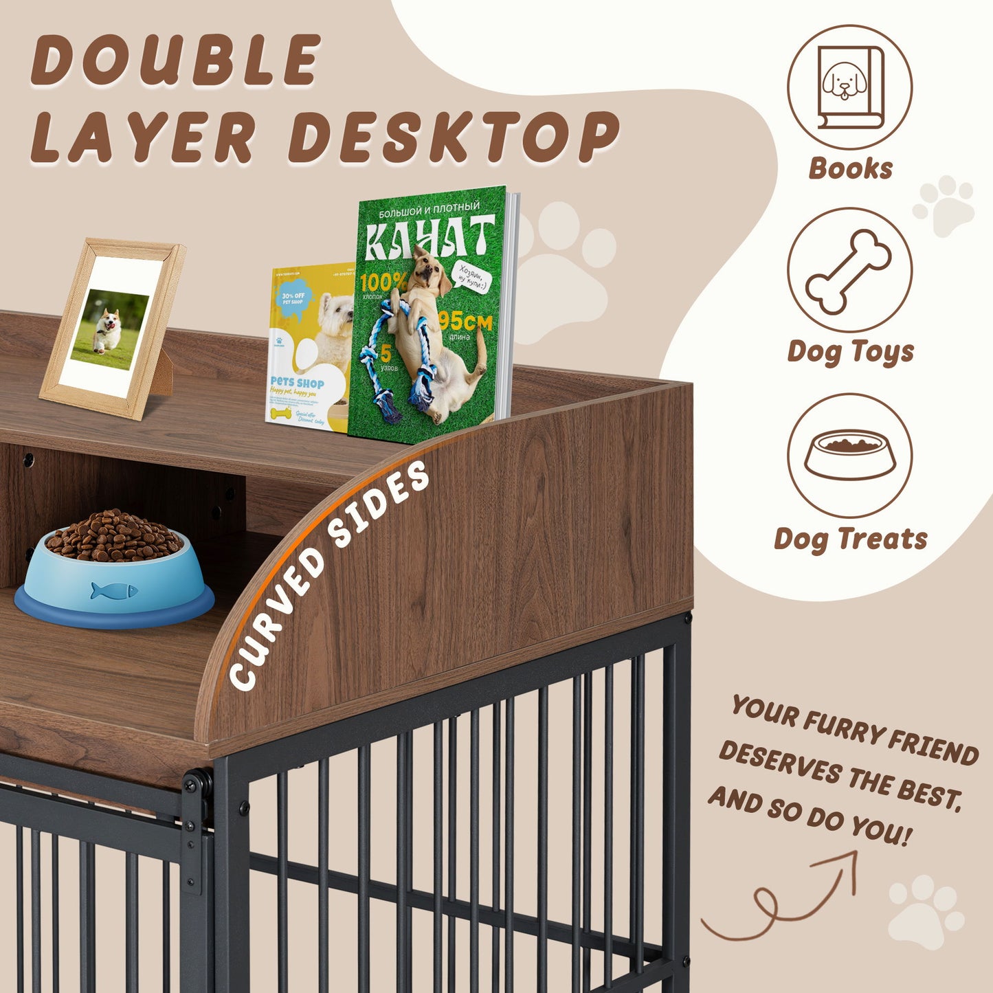 Heavy Duty Large Dog Crate Furniture For Large Medium Dog With Lockable Wheels, Wooden Dog Crate Dog Kennel, End Table Crate With Double Layer Storage - Brown
