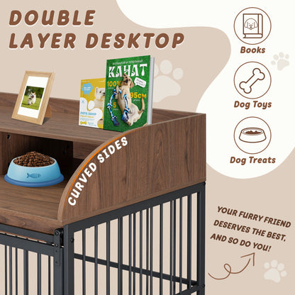 Heavy Duty Large Dog Crate Furniture For Large Medium Dog With Lockable Wheels, Wooden Dog Crate Dog Kennel, End Table Crate With Double Layer Storage - Brown