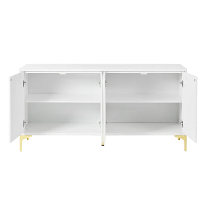 Modern Wood Sideboard Cabinet With Carved Door Panels, Adjustable Shelves, And Sturdy Metal Legs - White