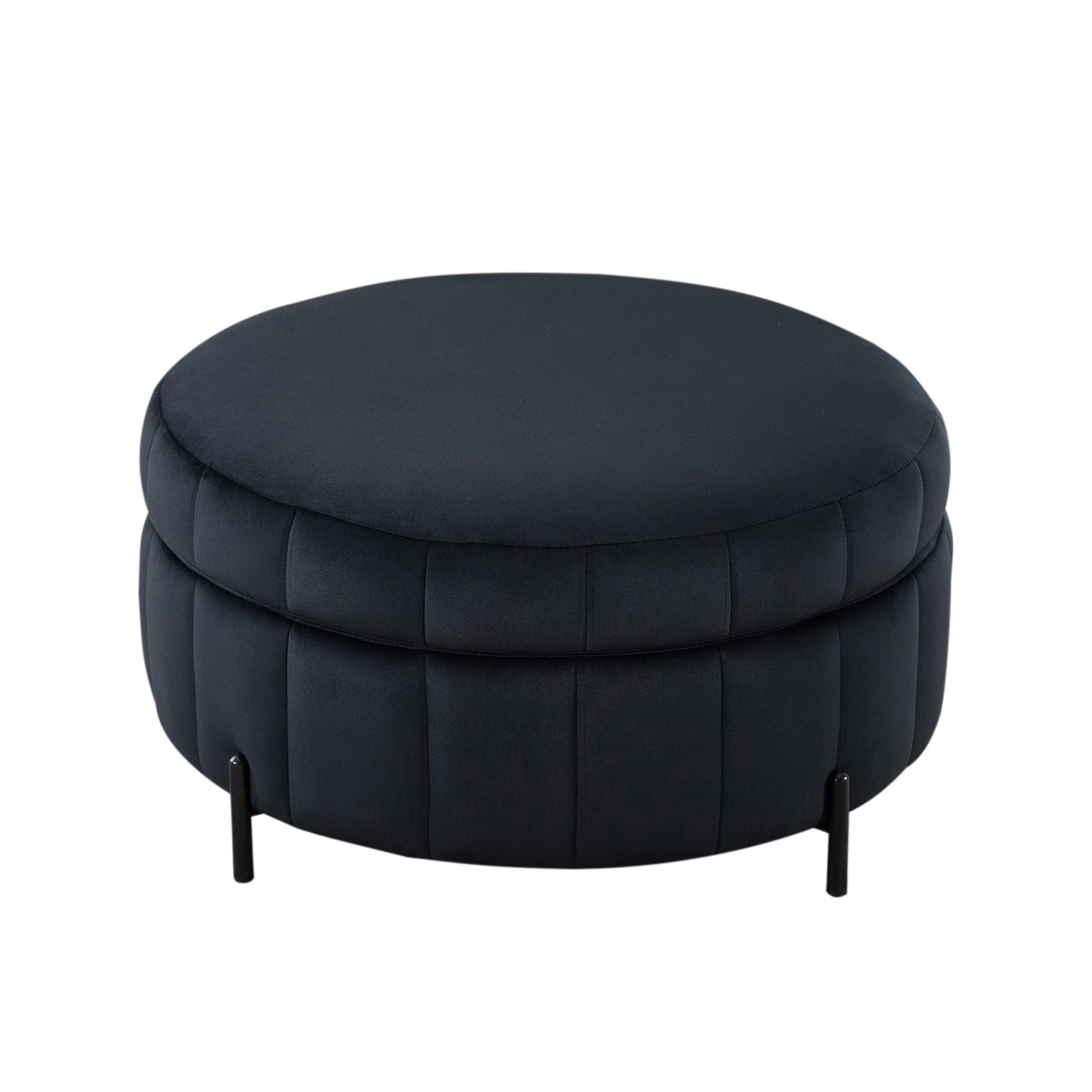 Upholstered Round Ottoman With Reversible Lid, Velvet Storage Stool, Channel Tufted Pumpkin Shape Footstool For Living Room, Bedroom And Office - Black