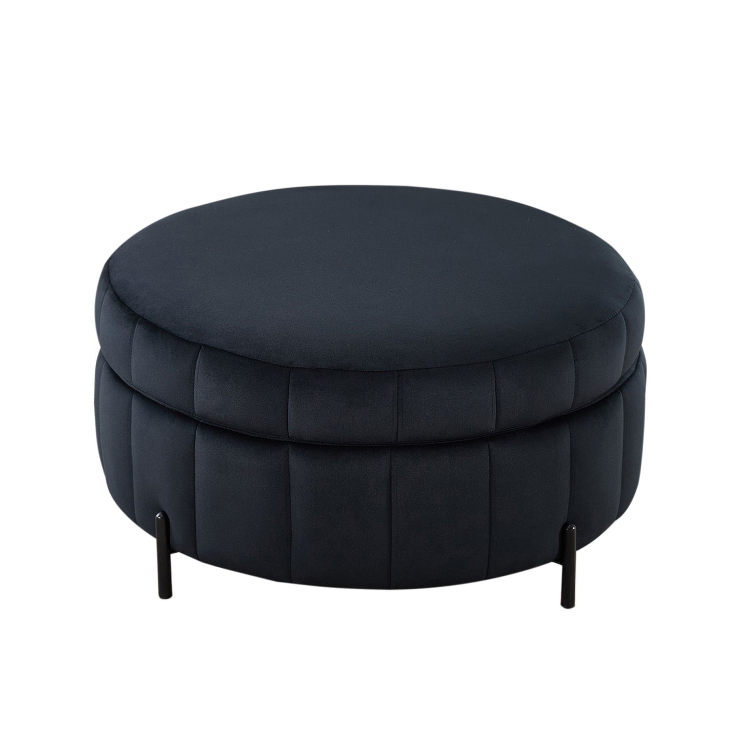 Upholstered Round Ottoman With Reversible Lid, Velvet Storage Stool, Channel Tufted Pumpkin Shape Footstool For Living Room, Bedroom And Office - Black