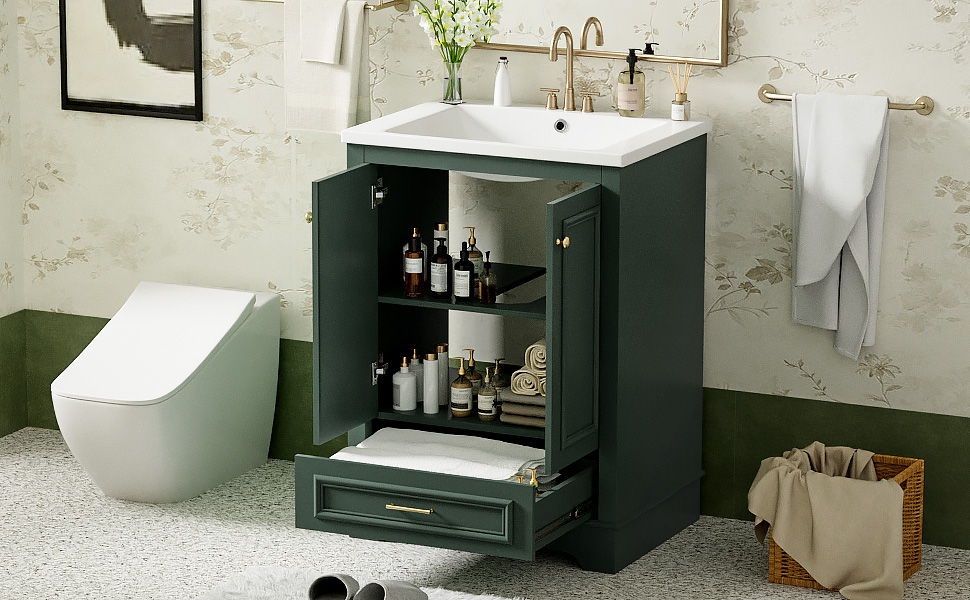 Bathroom Vanity With Ceramic Sink Combo, Modern Freestanding Storage Cabinet With Silver Handles, Soft Closing Doors - Green