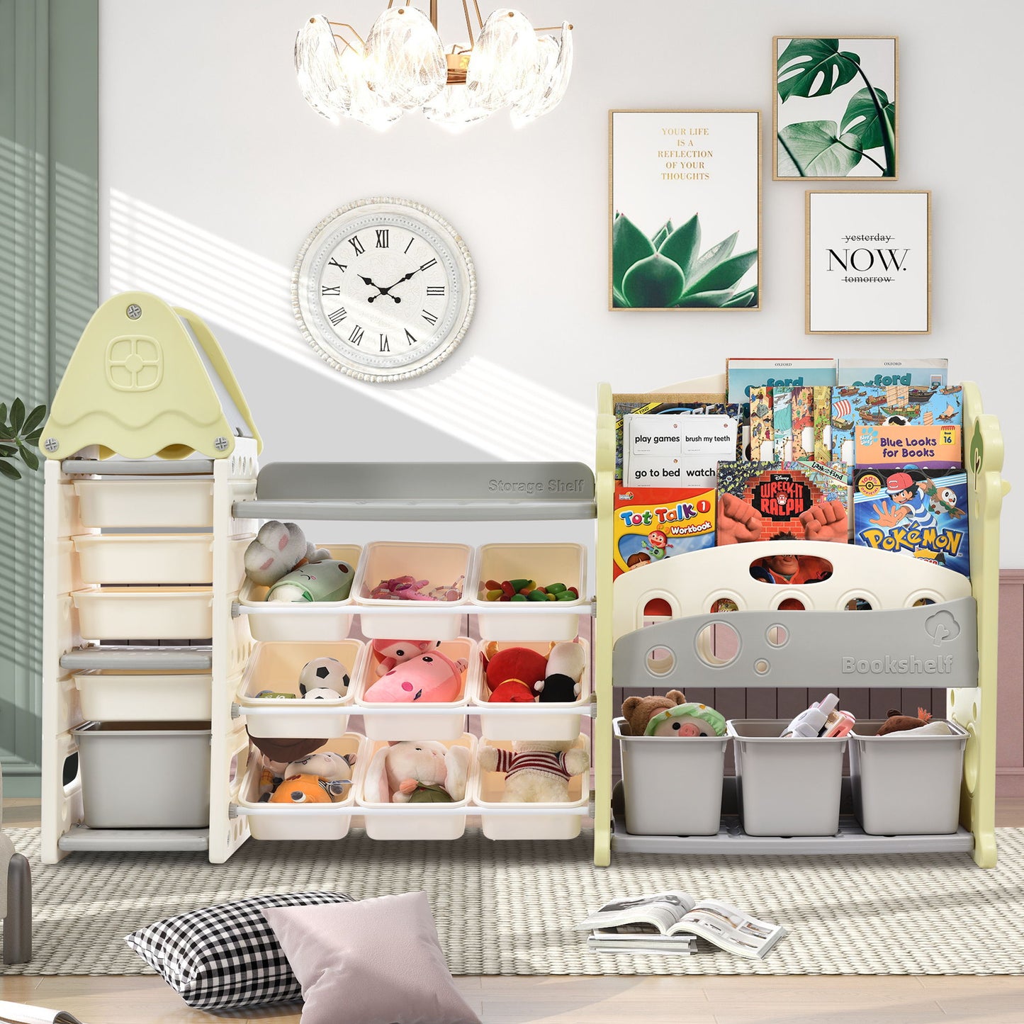 Kids Bookshelf Toy Storage Organizer With 17 Bins And 5 Bookshelves, Multi-Functional Nursery Organizer Kids Furniture Set Toy Storage Cabinet Unit With HDPE SheLF And Bins - Light Green