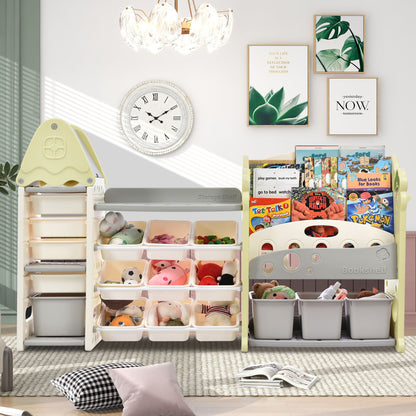 Kids Bookshelf Toy Storage Organizer With 17 Bins And 5 Bookshelves, Multi-Functional Nursery Organizer Kids Furniture Set Toy Storage Cabinet Unit With HDPE SheLF And Bins - Light Green