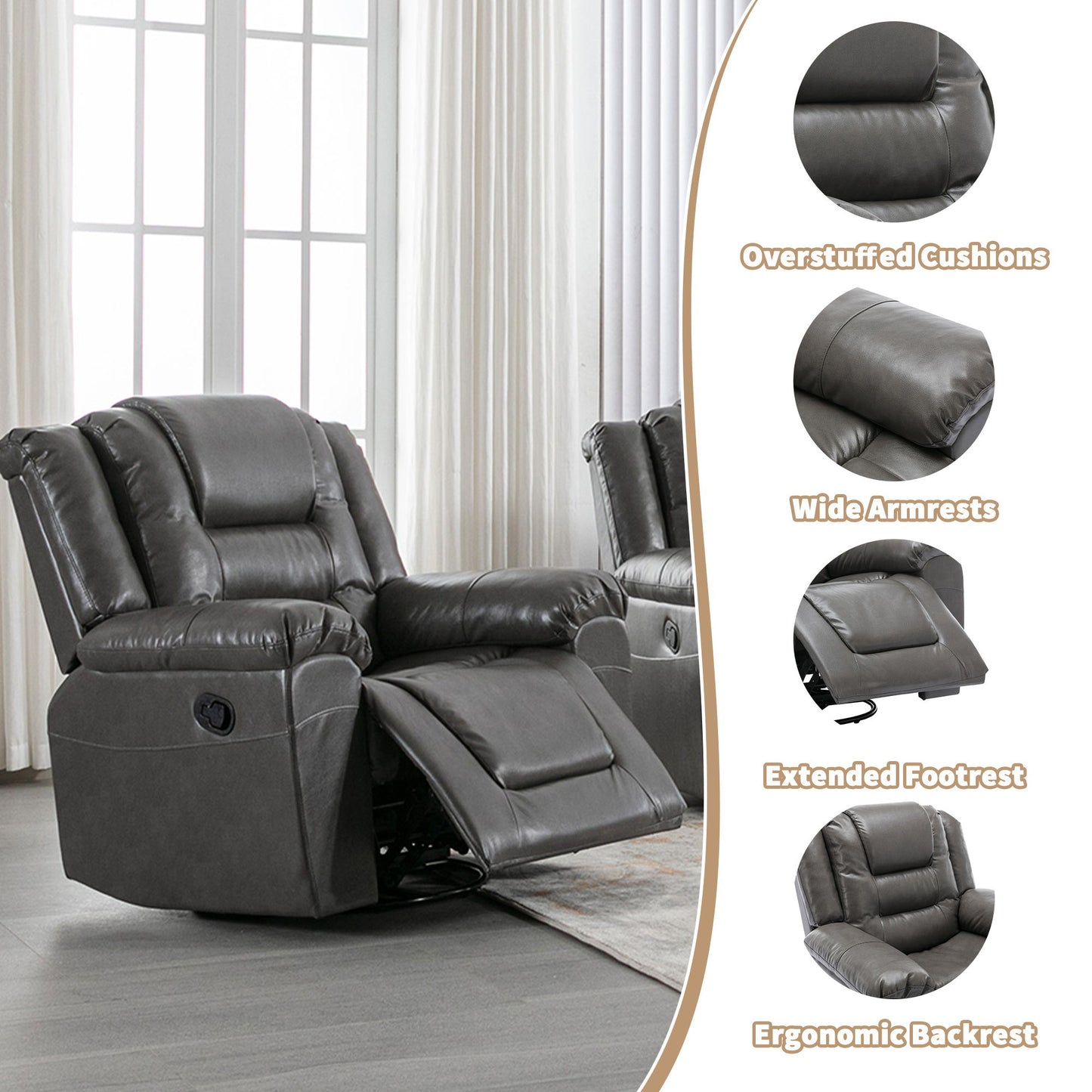 2 Seater Home Theater Recliner Manual Recliner Chair With A Storage Box And Two Cup Holders For Living Room - Gray