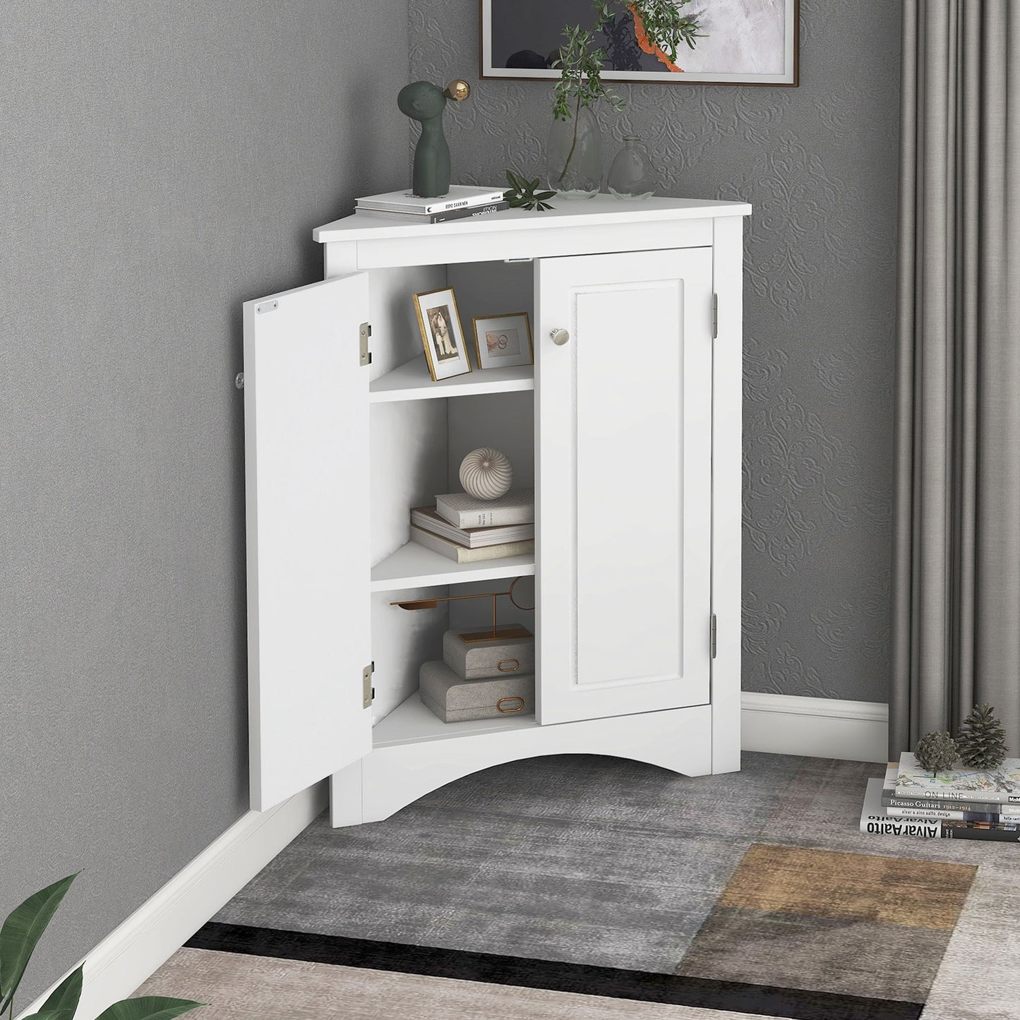 Triangle Bathroom Storage Cabinet With Adjustable Shelves, Freestanding Floor Cabinet For Home Kitchen - White