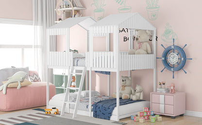 Full Over Full Bunk Bed With Roof, Window, Guardrail, Ladder - White