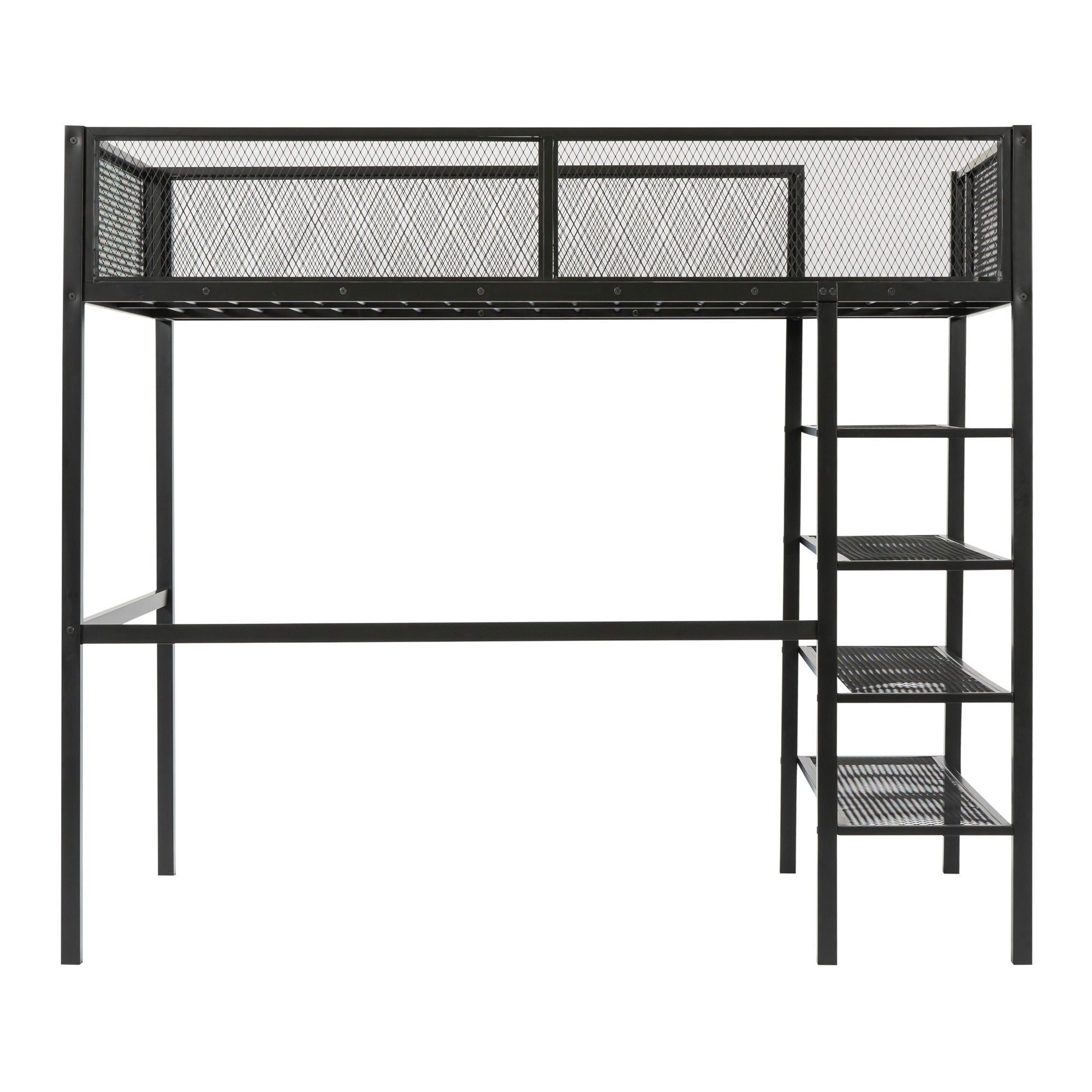 Twin Size Loft Bed With 4 Tier Shelves And Storage - Black