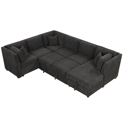 U-Shaped Sectional Sofa Pull Out Sofa Bed With Two USB Ports, Two Power Sockets, Three Back Pillows And A Storage Chaise For Living Room - Black