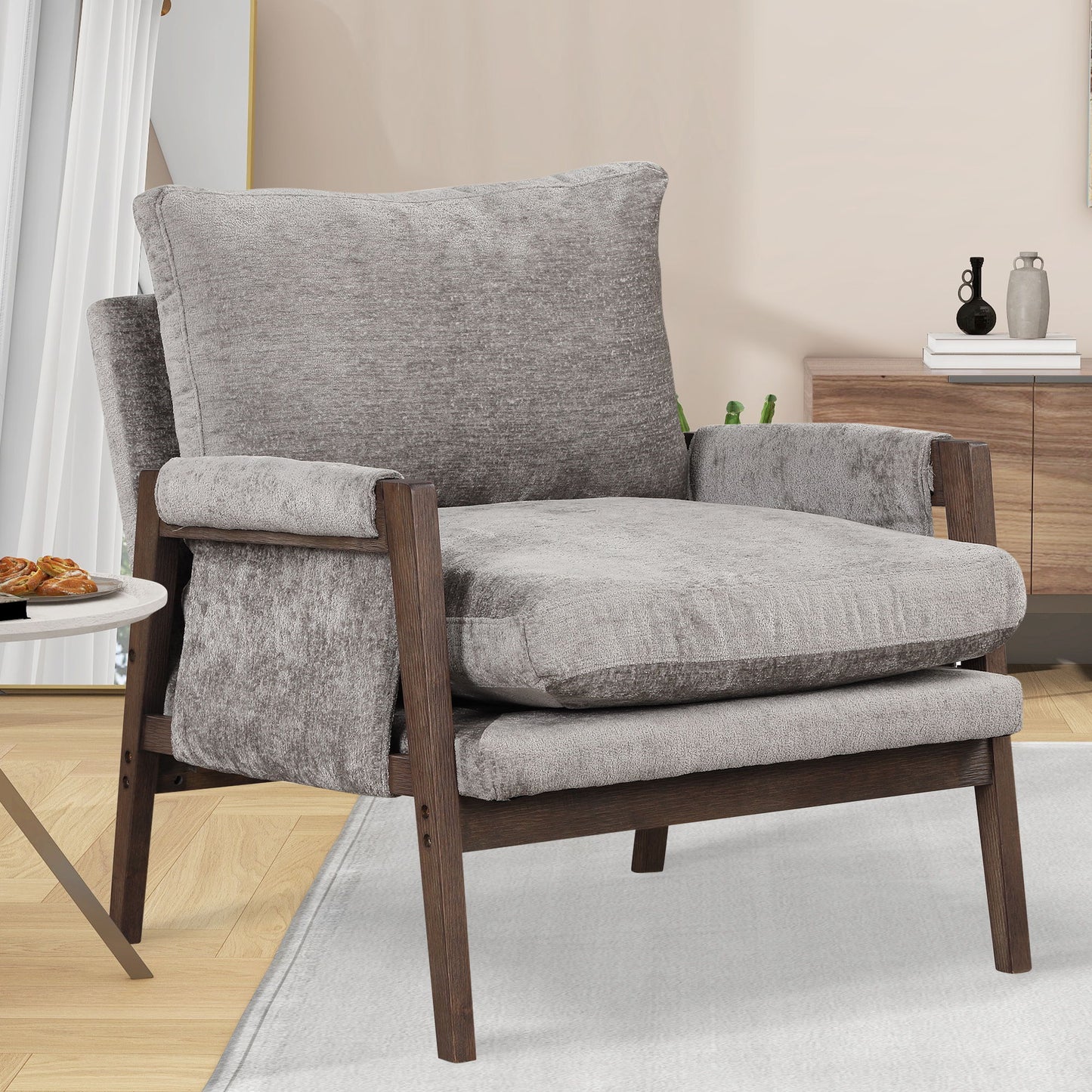 Mid-Century Modern Velvet Accent Chair, Leisure Chair With Solid Wood And Thick Seat Cushion For Living Room, Bedroom, Studio - Gray