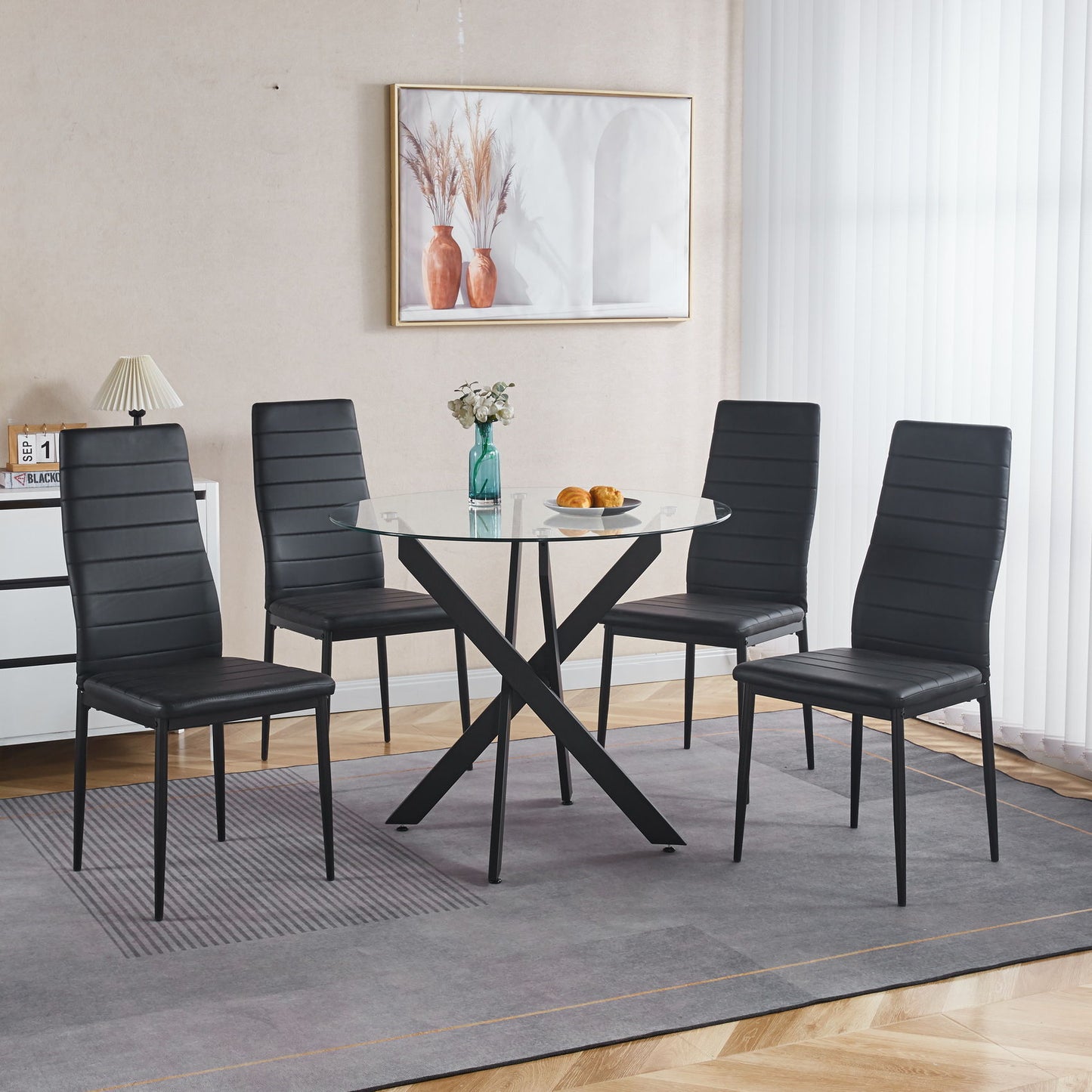 Dining Table With Cross Metal Leg And Tempered Glass, Modern Space Saving Kitchen Table For Living Room - Black
