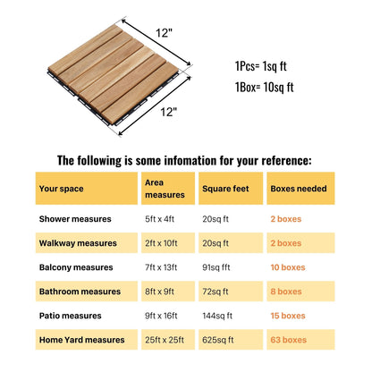 10 Piece Interlocking Deck Tiles Striped Pattern, Square Acacia Hardwood Outdoor Flooring For Patio, Bancony, Pool Side - Yellow