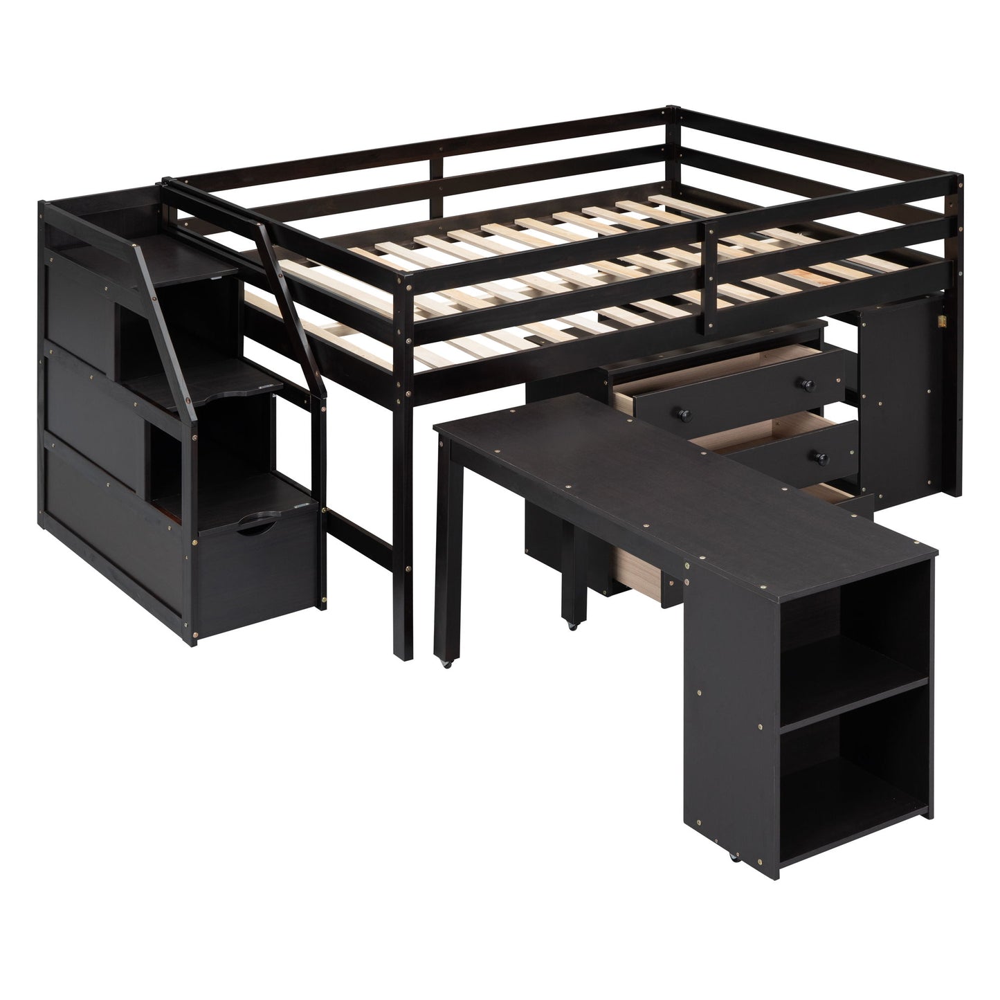 Full Size Loft Bed With Retractable Writing Desk And 3 Drawers With Storage Stairs And Shelves - Espresso