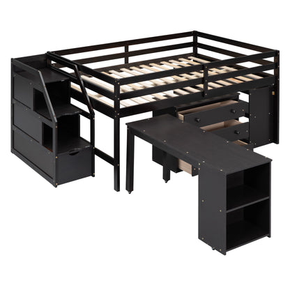 Full Size Loft Bed With Retractable Writing Desk And 3 Drawers With Storage Stairs And Shelves - Espresso