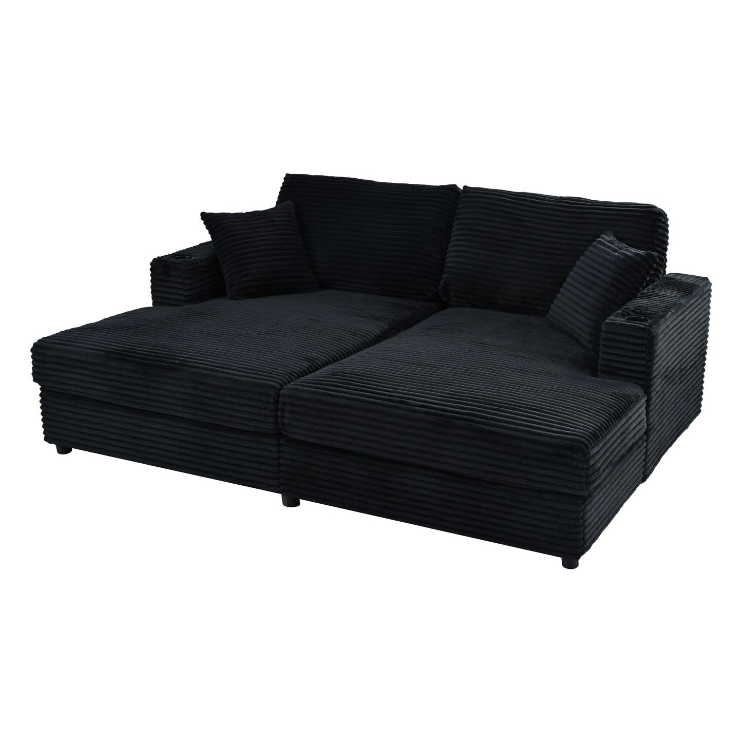 Oversized Loveseat Chaise Lounge Sectional Sofa Bed Corduroy Sleeper Sofa With 2 USB Ports, 2 Cup Holders And 2 Throw Pillows For Living Room And Bedroom - Black
