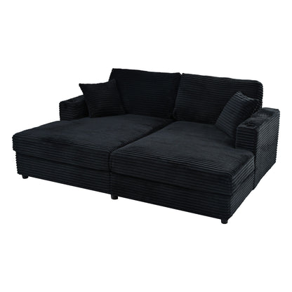 Oversized Loveseat Chaise Lounge Sectional Sofa Bed Corduroy Sleeper Sofa With 2 USB Ports, 2 Cup Holders And 2 Throw Pillows For Living Room And Bedroom - Black