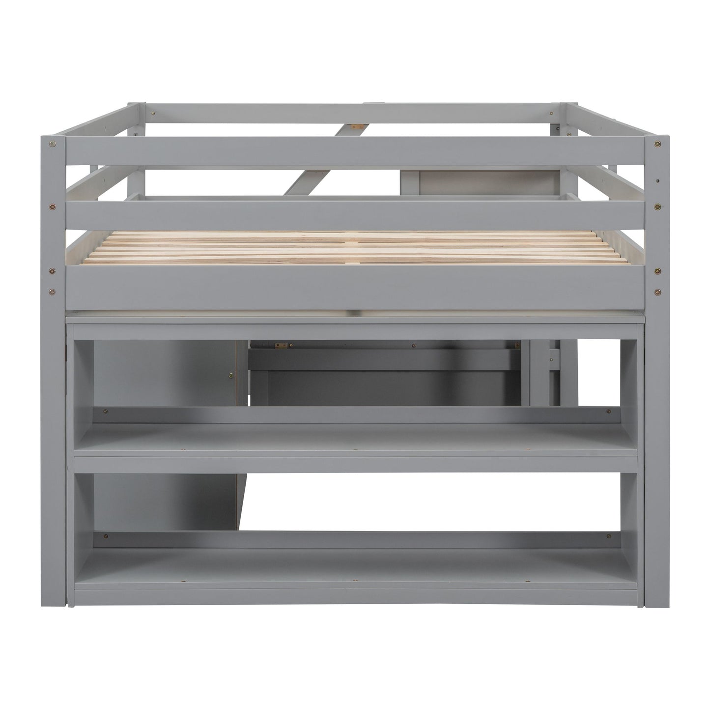 Full Size Loft Bed With Retractable Writing Desk And 3 Drawers With Storage Stairs And Shelves - Gray