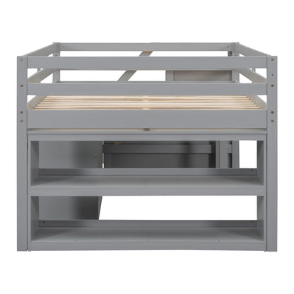 Full Size Loft Bed With Retractable Writing Desk And 3 Drawers With Storage Stairs And Shelves - Gray