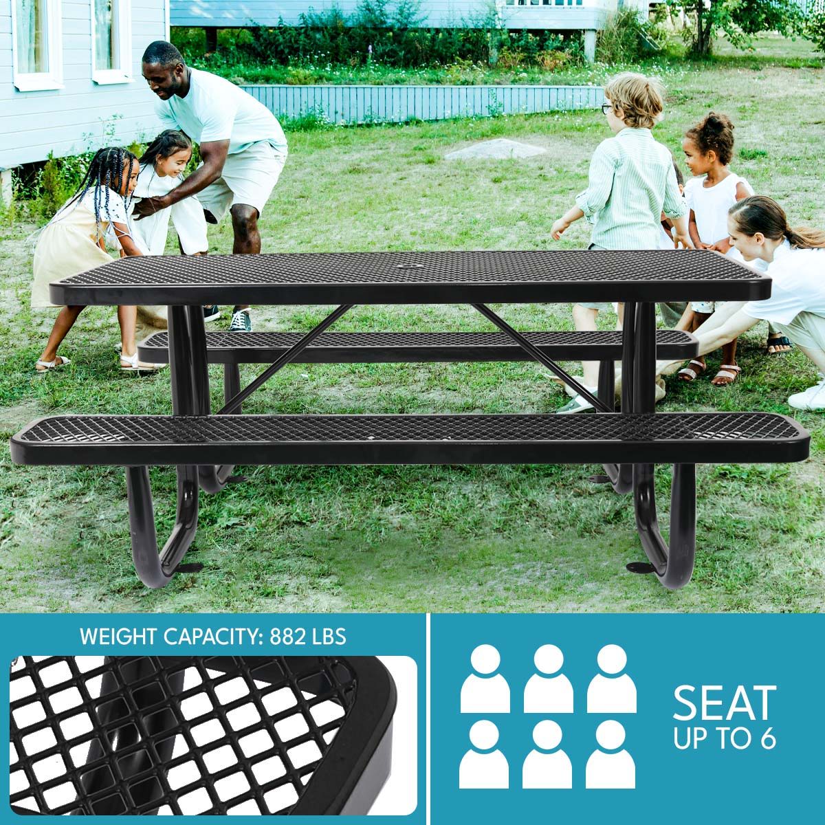Outdoor Steel Picnic Rectangular Table With Umbrella Pole - Black