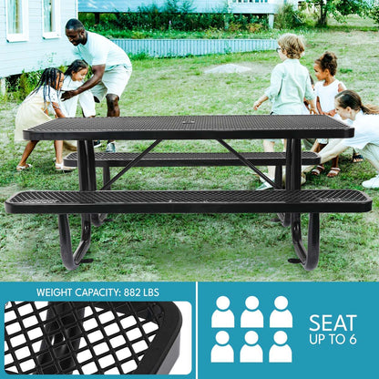 Outdoor Steel Picnic Rectangular Table With Umbrella Pole - Black