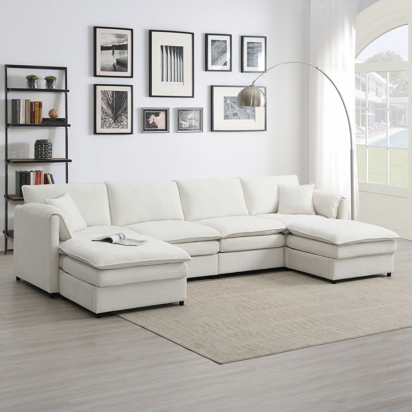 Chenille Modular Sectional Sofa, U Shaped Cloud Couch Set With Double Cushions, 6 Seat Sleeper Sofa Bed With Ottomans, Oversized Indoor Furniture - Cream