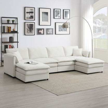 Chenille Modular Sectional Sofa, U Shaped Cloud Couch Set With Double Cushions, 6 Seat Sleeper Sofa Bed With Ottomans, Oversized Indoor Furniture - Cream