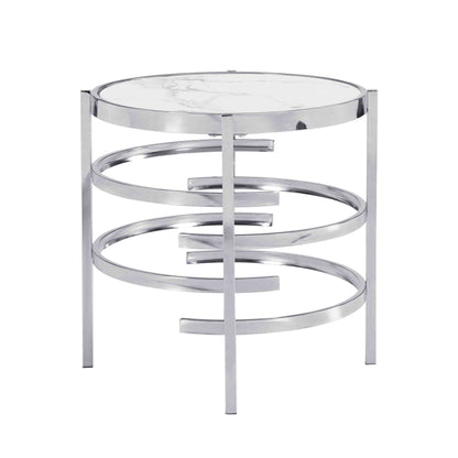 Modern Round End Table With Sintered Stone Top For Living Room - Chrome / Silver