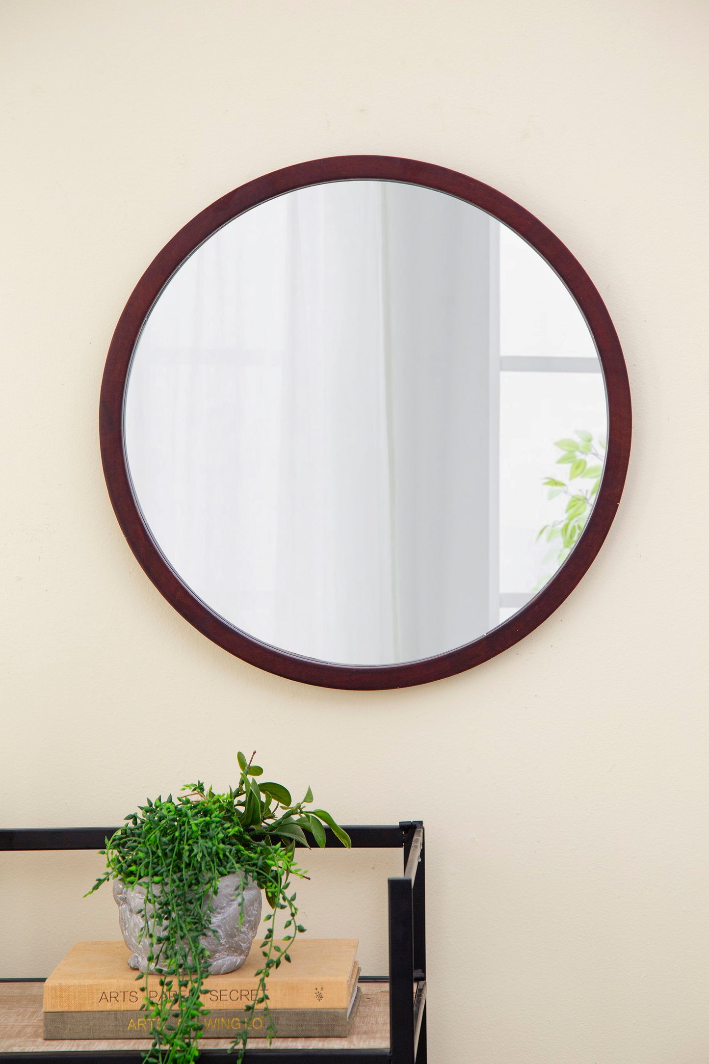 Circle Wall Mirror With Wooden Frame And Walnut Finish, Wall Mirror For Living Room Dining Room - Brown