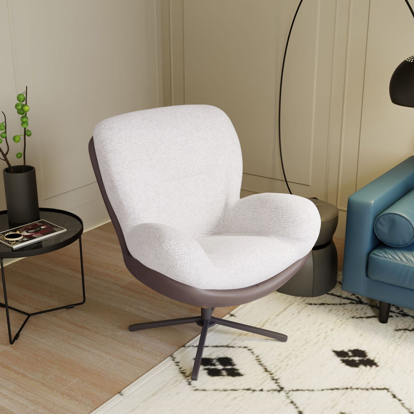 360ÔøΩÔøΩ Swivel Office Chair, Modern Chenille Chair With And Metal Base Frame, No Wheels, Accent Chair - White