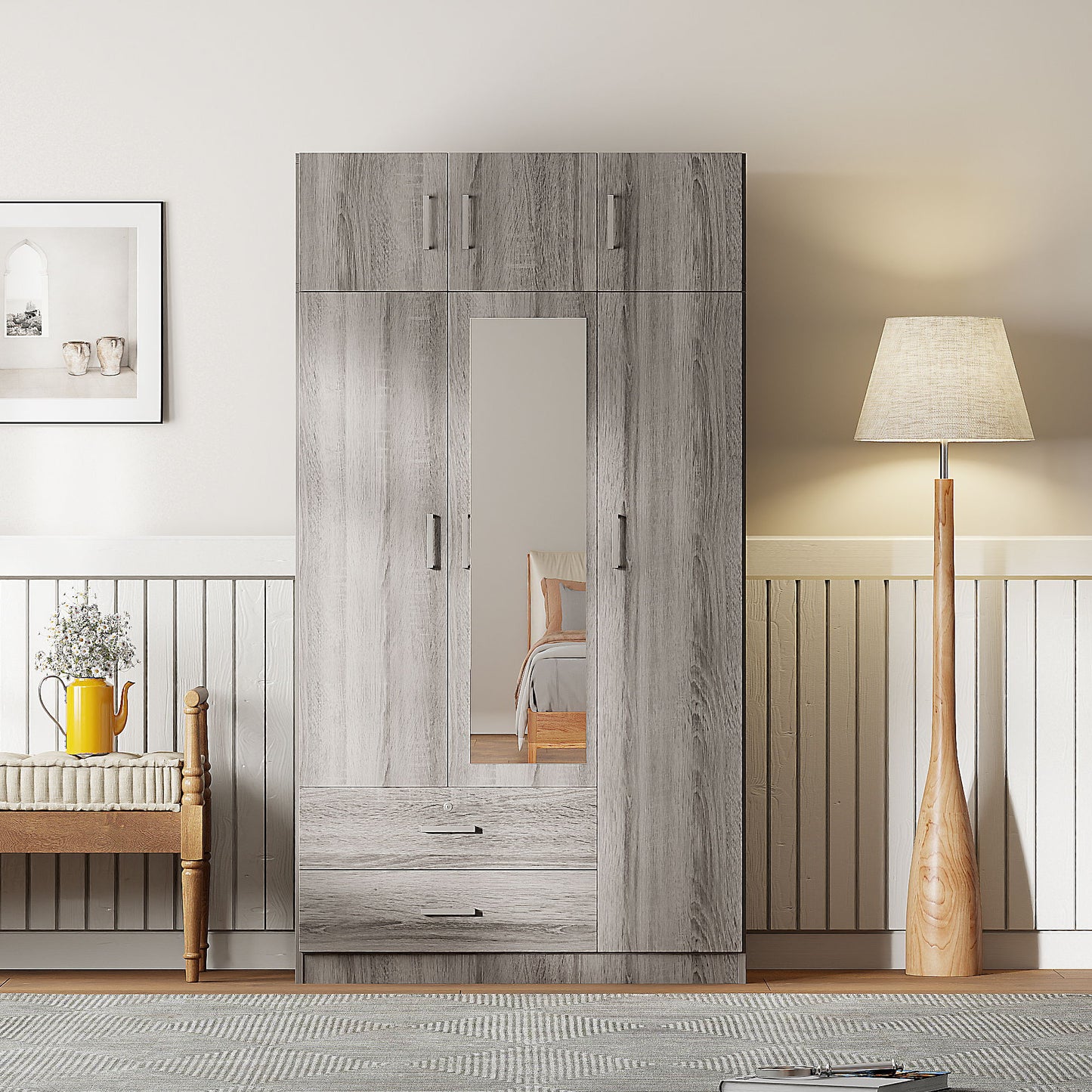 Modern 3 Door Mirror Wardrobe With 2 Drawers And Top Cabinet - Gray