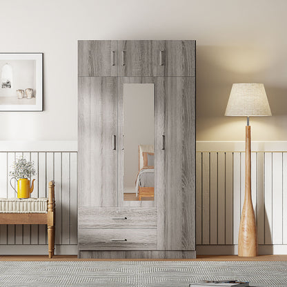Modern 3 Door Mirror Wardrobe With 2 Drawers And Top Cabinet - Gray