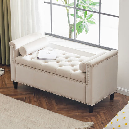 Storage Bench, Queen Velvet Button Bedside Bench, Entryway Living Room With Armrests, Nailhead Trim, Upholstered Bedroom Bench, Bedside Ottoman, Living Room, Entryway - Cream