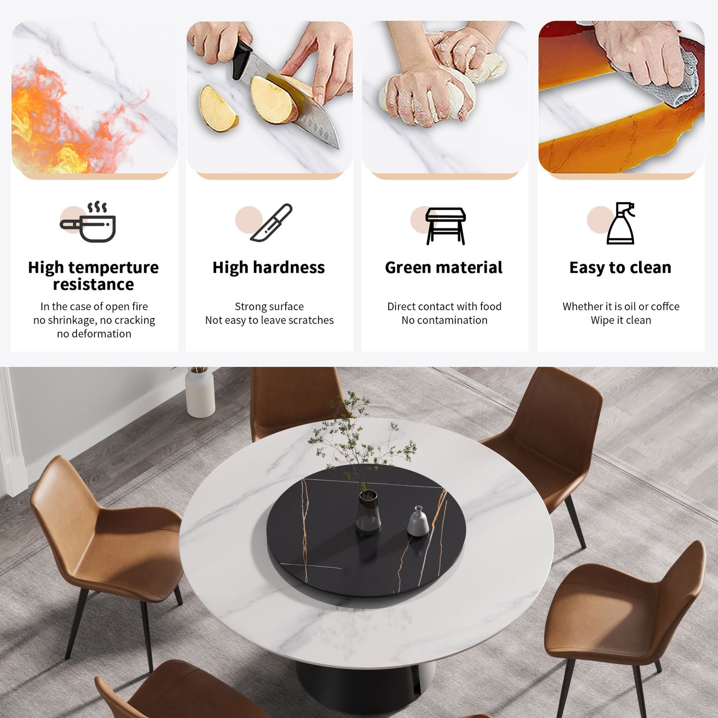 59.05" Modern Artificial Stone Round Carbon Steel Base Dining Table, Can Accommodate 6 People, Black Artificial Stone Turntable - White / Black