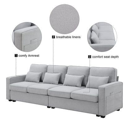 4 Seater Modern Linen Sofa With Armrest Pockets And 4 Pillows, Minimalist Style Couch - Light Gray