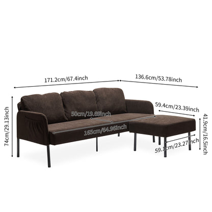 Modern L Shaped 3 Seater Polyester Fabric Sofa With Ottoman, Upholstered Couch For Small Spaces - Brown