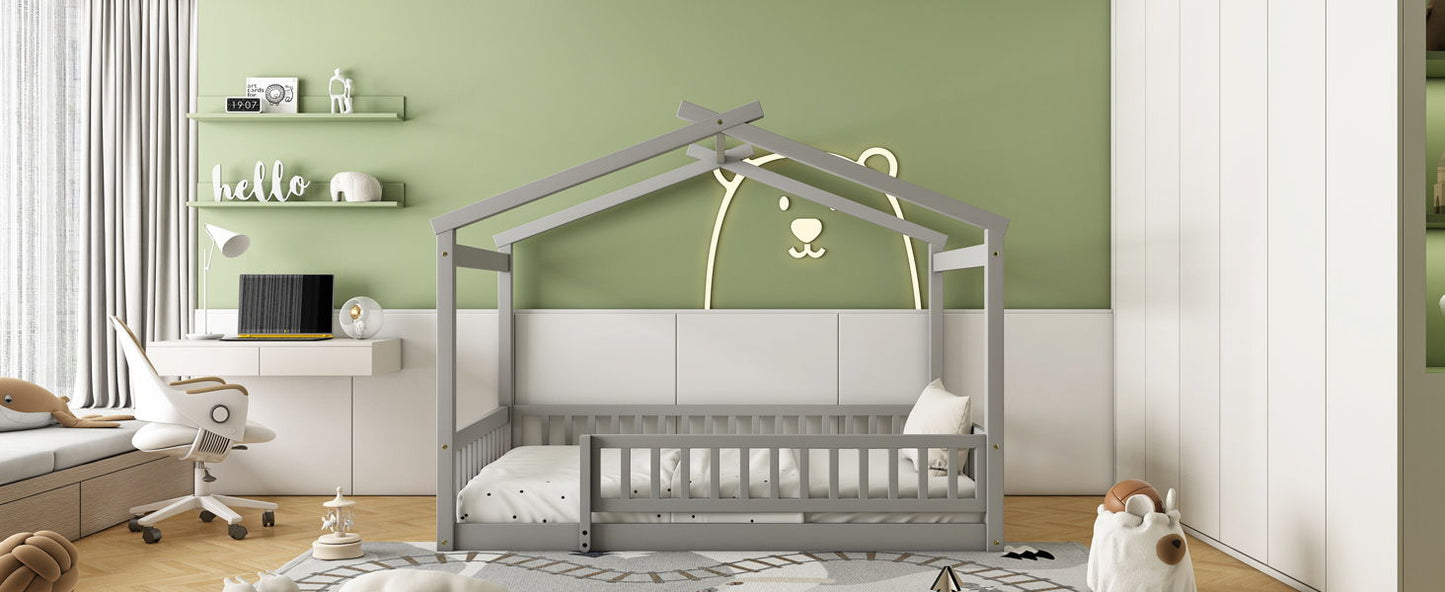 Full Size Bed House Bed Frame With Fence - Gray