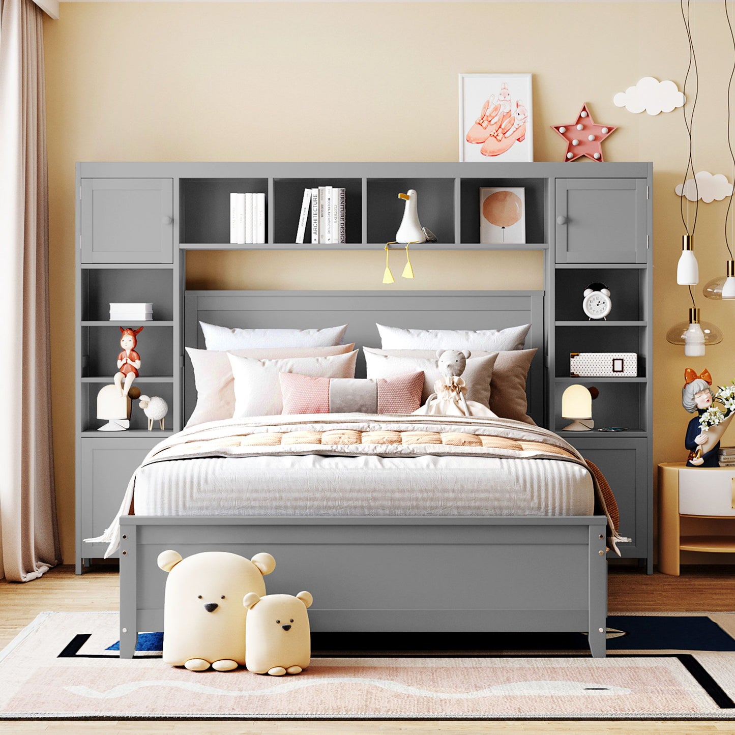 Full Size Bed With All In One Cabinet And Shelf - Gray