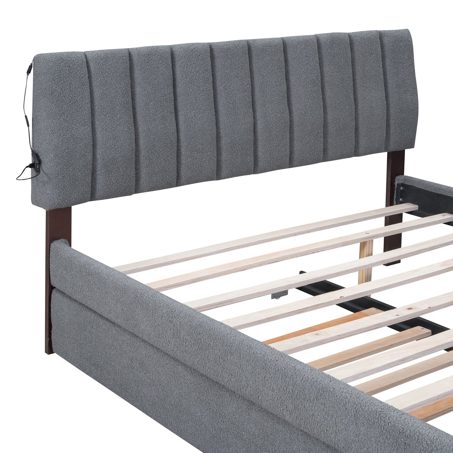 Queen Size Upholstered Platform Bed With Twin Long Trundle - Gray