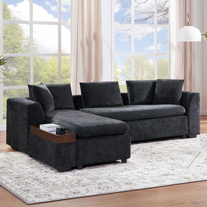 Modern L Shaped Sectional Sofa With Chenille Upholstery And Wooden Storage - Black