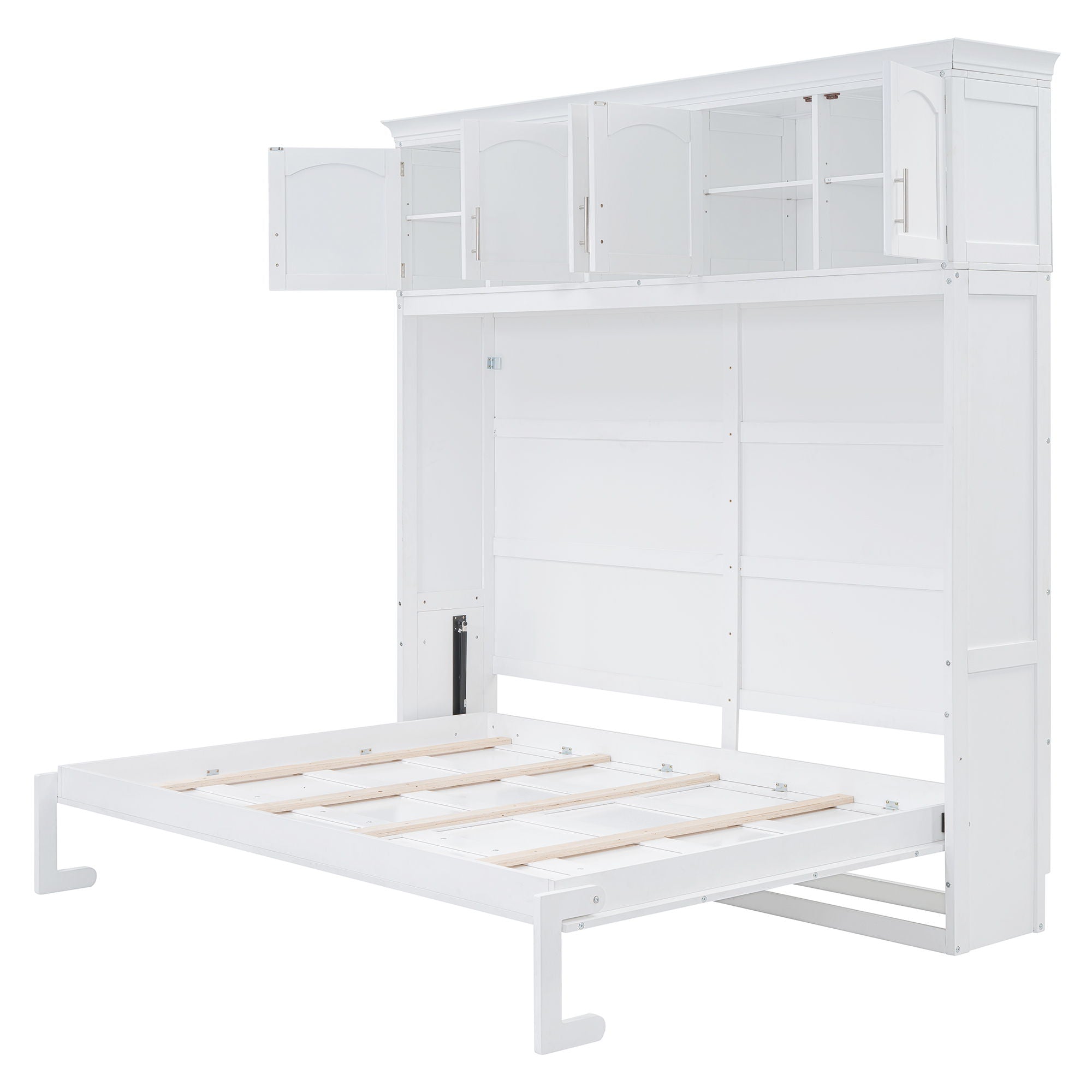 Full Size Space Saving Murphy Wall Bed With Top Cabinets, Flexible Slats - White