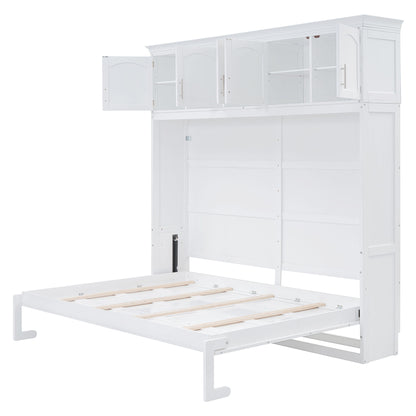 Full Size Space Saving Murphy Wall Bed With Top Cabinets, Flexible Slats - White