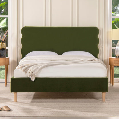 Stockholm - Queen Modern Wavy Headboard Platform Bed - Olive Green