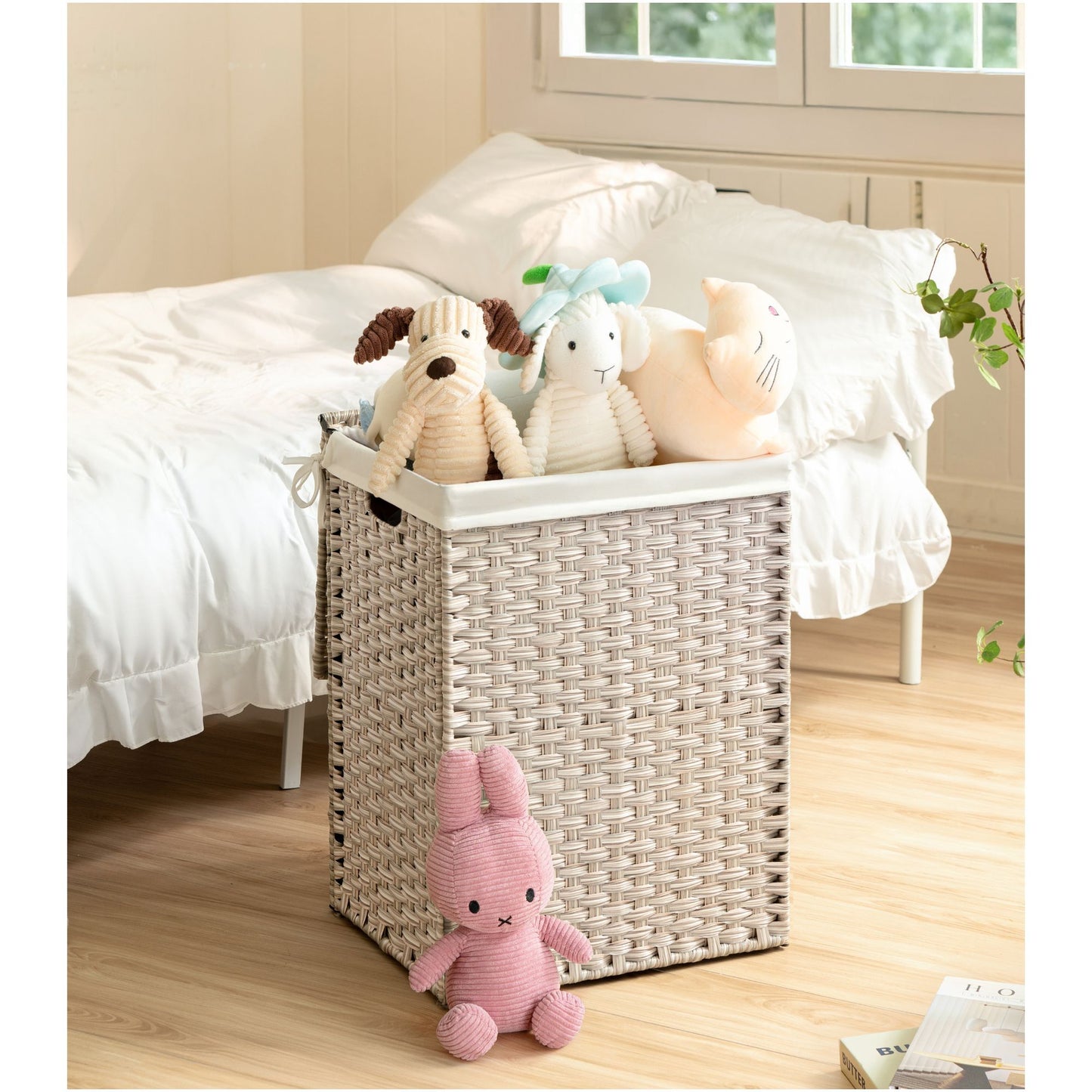Laundry Hamper With Lid PE Rattan Powder Coating Frame Clothes Hampers With 2 Removable Bags, 100L - Gray