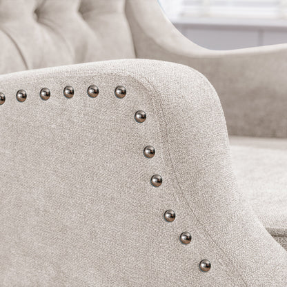 Accent Chair, Living Room Chair, Footrest Chair Set With Vintage Brass Studs, Button Tufted Upholstered Armchair For Living Room, Comfy Reading Chair For Bedroom, Reception Room - Beige