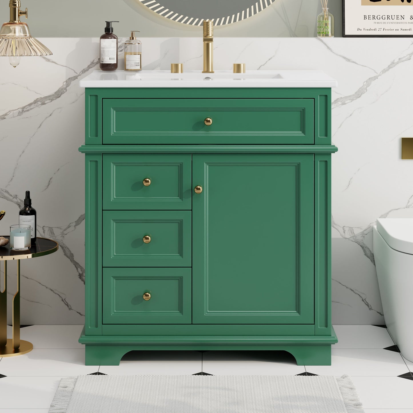 30" Bathroom Vanity With Sink, 1 Tip Out Drawer, 3 Drawers, Door Shelf, Soft Closing Door - Green