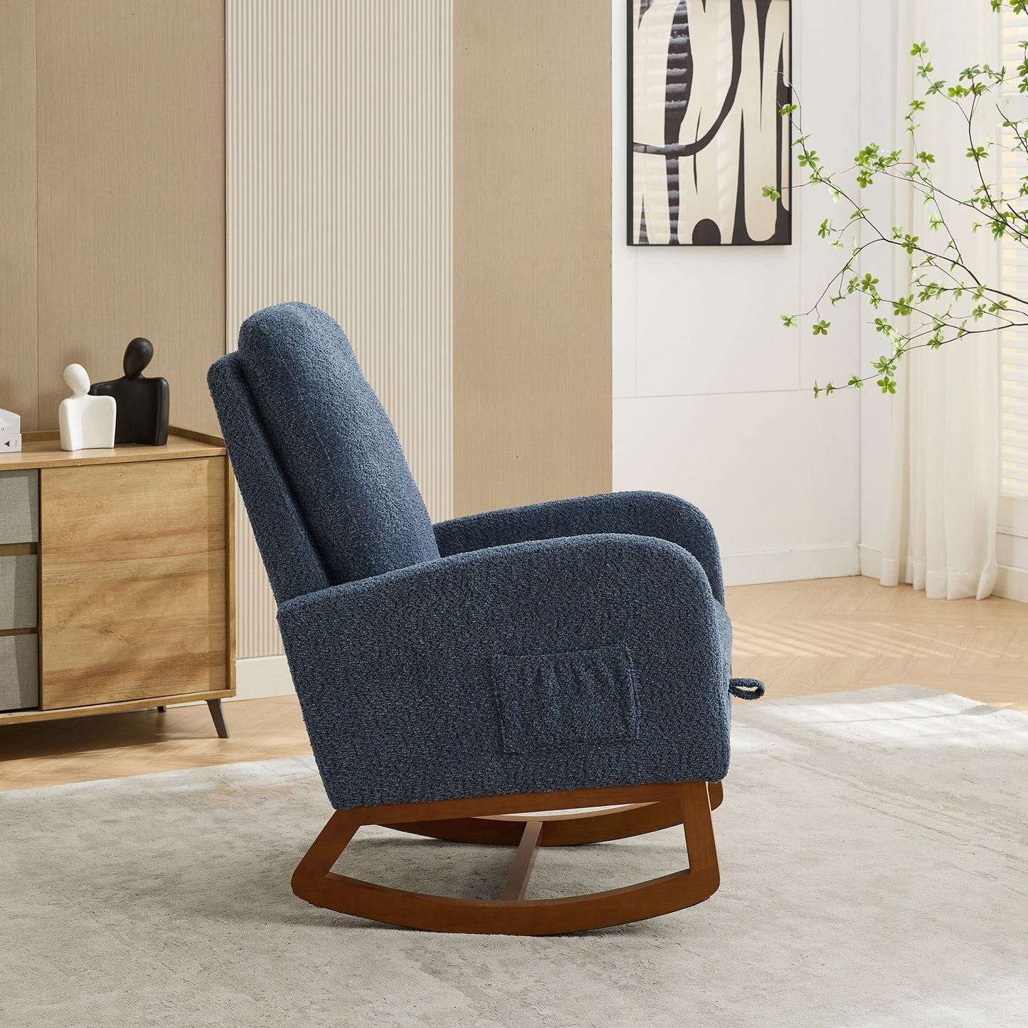 Rocking Chair For Nursery, High Back Glider Chair With Retractable Footrest, Side Pocket, Rocking Accent Armchair With Rubber Wood Legs For Living Room / Bedroom - Navy