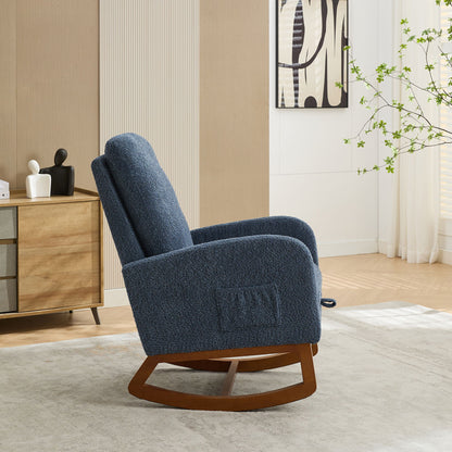 Rocking Chair For Nursery, High Back Glider Chair With Retractable Footrest, Side Pocket, Rocking Accent Armchair With Rubber Wood Legs For Living Room / Bedroom - Navy