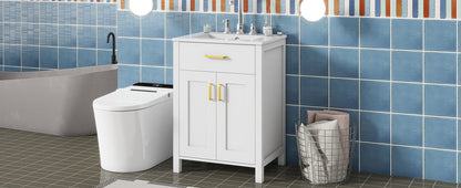 Bathroom Vanity Combo With Ceramic Sink, Luxurious Space-Saving Vanity, 2 Soft-Close Doors - Gold / White
