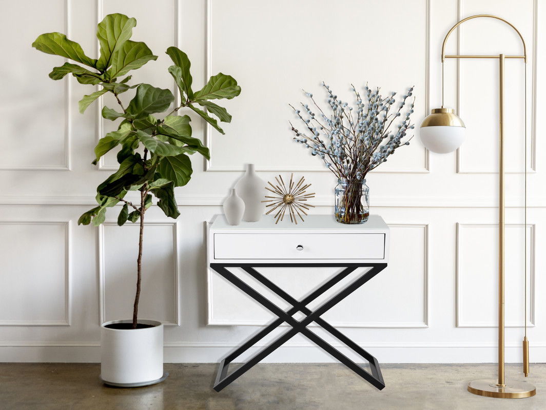 Koda - Wooden End Side Table Nightstand With Glass Top, Drawer And Metal Cross Base - White